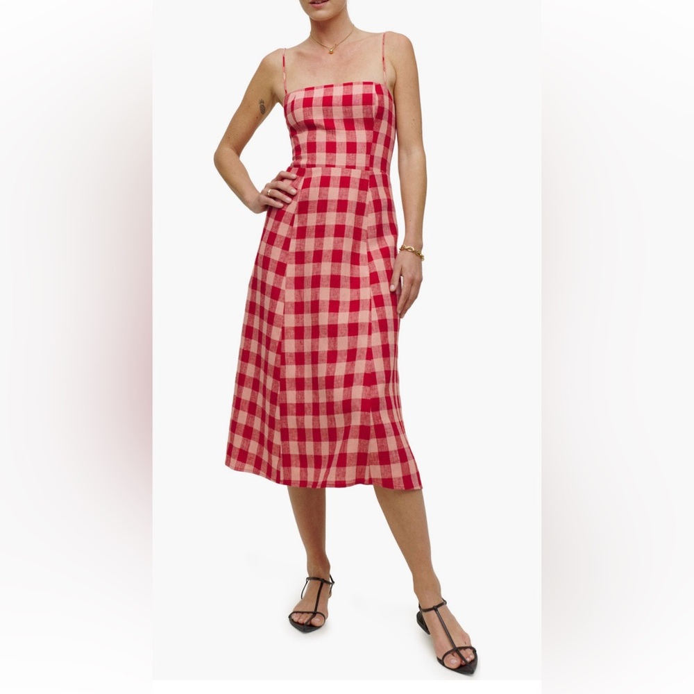 REFORMATION CHRISTEN PLAID PLEAT MIDI SUNDRESS IN CONCHA CHECK B850